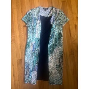 Perceptions New York Teal Blue Medallion Print Layered Look Dress Small